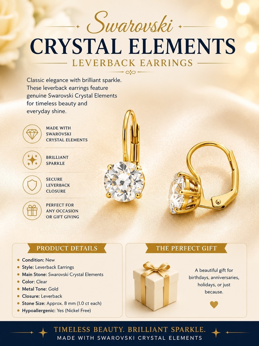 Goldtone Leverback Earrings with Clear Crystal Elements